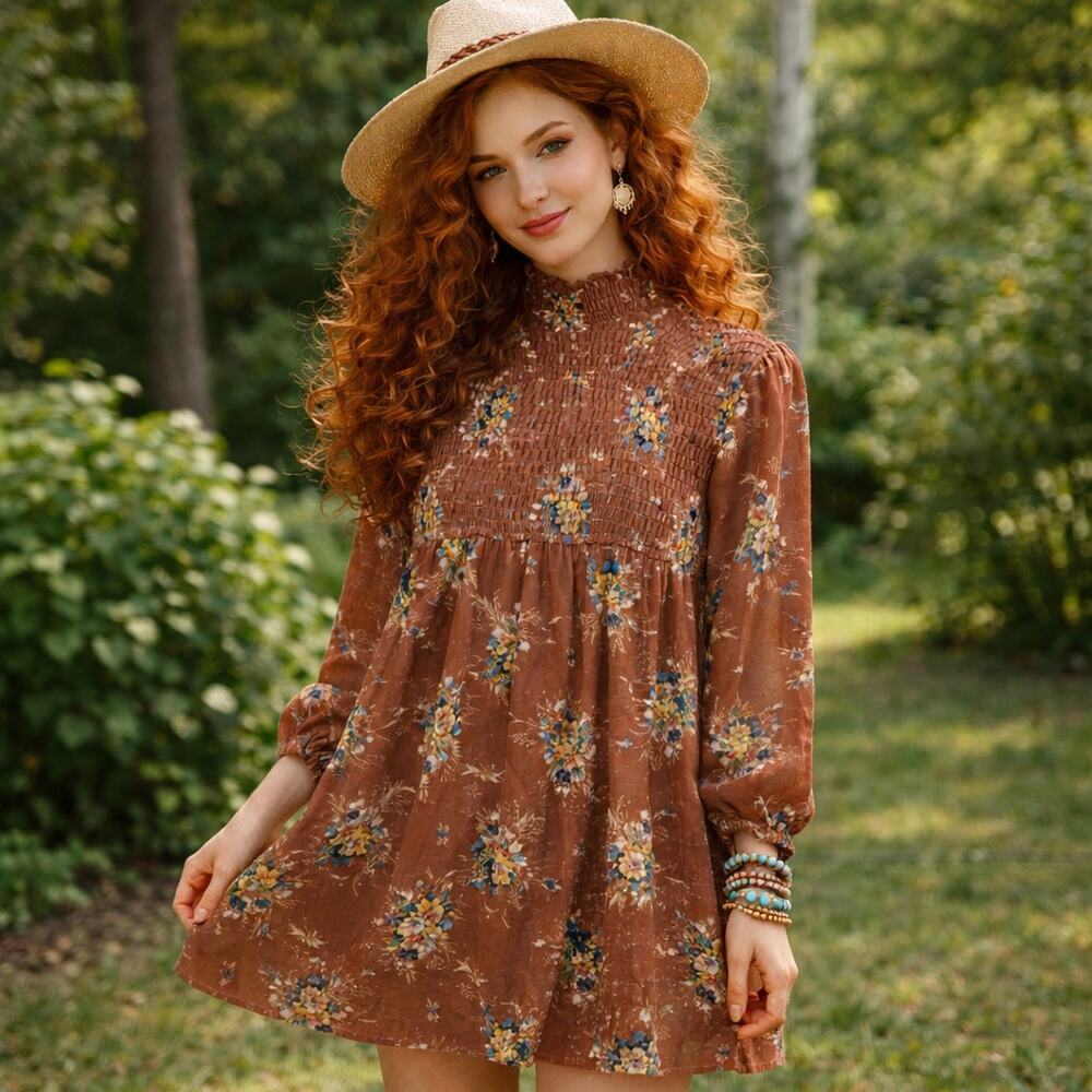 Brown Smocked High Neck Boho Dress Size XS | Semi Sheer Overlay Slip | As U Wish